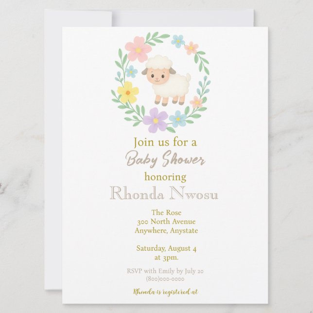 Convites Dentro Chá de fraldas Lamb primavera Versa Floral (Frente)