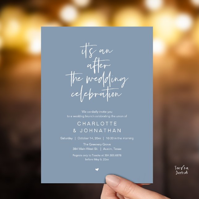 Convites Depois da celebração do casamento, brunch moderno (it's an after the wedding celebration, modern brunch invitation card in dusty blue)