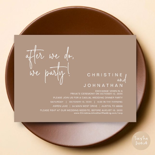 Convites Depois De Fazermos, Festejamos, Jantamos Casamento (After We Do, We Party, Modern Romantic Wedding Dinner Invitation Card, PDF, in Warm Taupe brown)