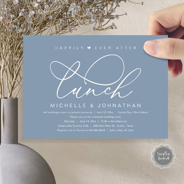 Convites Depois do Almoço Felizes para Sempre, Festa Românt (Happily Ever After Lunch Invitation Card, PDF, Wedding Elopement, Romantic Heart Script, Dusty Blue)