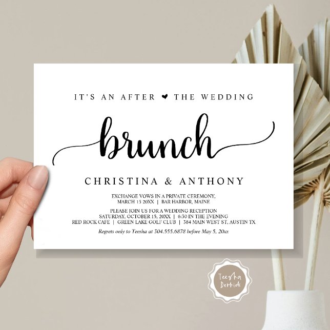 Convites Depois Do Brunch De Casamento, Elopemento Russo (After The Wedding Brunch, Elopement Invitation Card, Rustic Script in Black and White.)