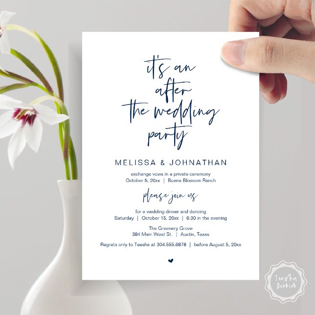 Convites Depois do casamento, Festa de Elopamento (It's an after the wedding, Elopement dinner dancing brunch Party Invitation Card PDF Navy Blue)