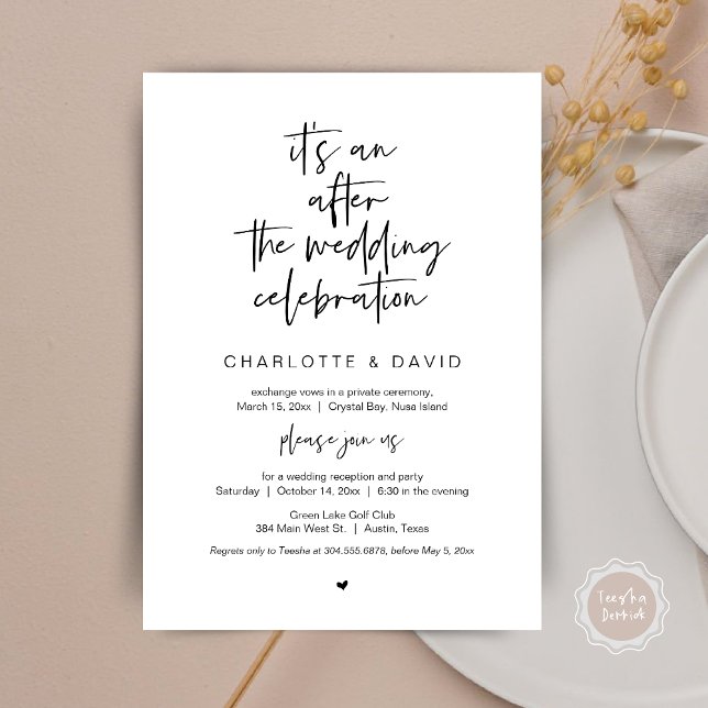 Convites Depois do casamento, Festa de Elopamento Black (Its an after the wedding celebration, Elopement Dinner Party Invitation Card, PDF, in black white)