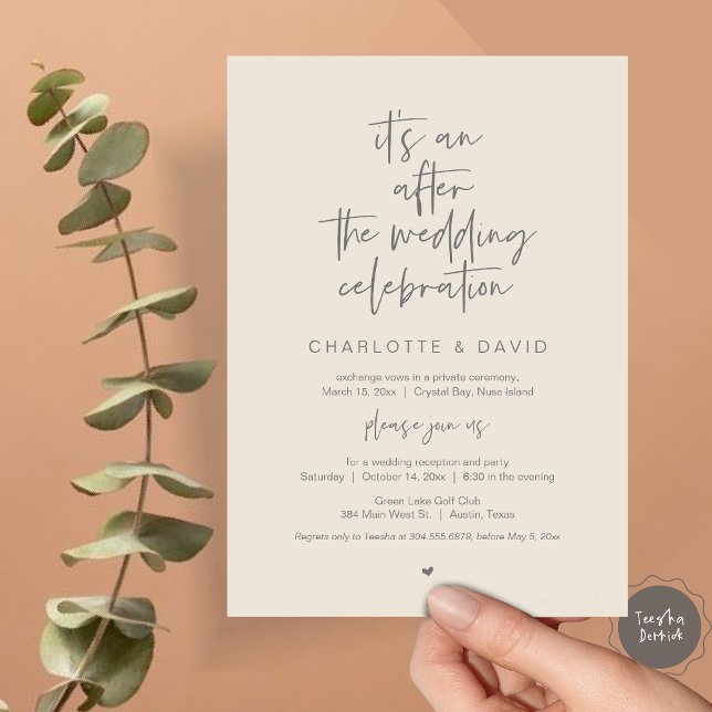 Convites Depois do casamento, Marinho Azul, Festa Elopement (Its an after the wedding celebration, Elopement Dinner Party Invitation Card, PDF, in cream grey)