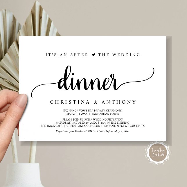 Convites Depois do Jantar de Casamento, Fuga Romântica Rúst (It's An After The Wedding Dinner, Elopement Invitation Card, Modern Rustic Script in Black & White.)