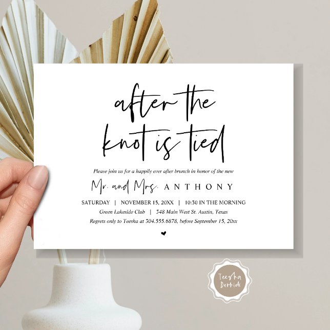 Convites Depois do nó amarrado, feliz para sempre depois do (After The Knot Is Tied, Post Wedding Brunch Invitation Card, PDF, Modern Script, Black and White)