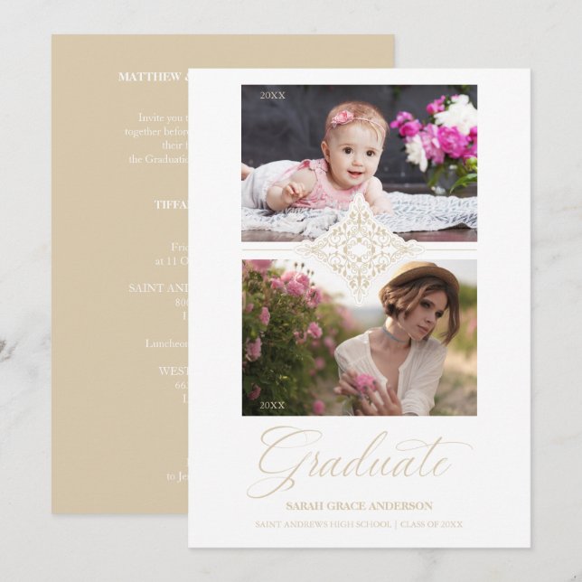 Convites Depois, e agora, Chic Dourado 2 Fotos Graduação de (Frente/Verso)