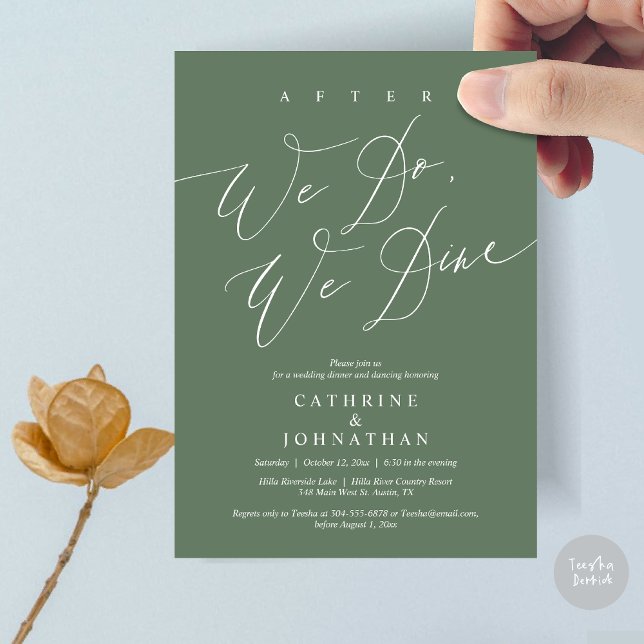 Convites Depois, jantamos, Jantamos de casamento e dançamos (After we do, we dine, Modern Romance Wedding Dinner and Dancing Invitation Card, PDF, in Sage Green)