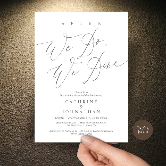Convites Depois, jantamos, Jantamos de casamento e dançamos (After we do, we dine, Modern Romance Wedding Dinner and Dancing Invitation Card, PDF, in Dark Grey)