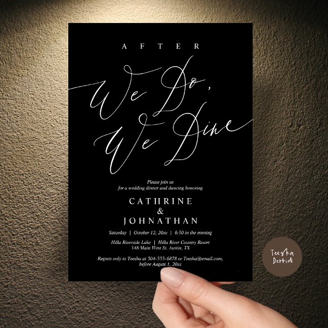 Convites Depois, jantamos, Jantamos de casamento e dançamos (After we do, we dine, Modern Romance Wedding Dinner and Dancing Invitation Card, PDF, in Black)