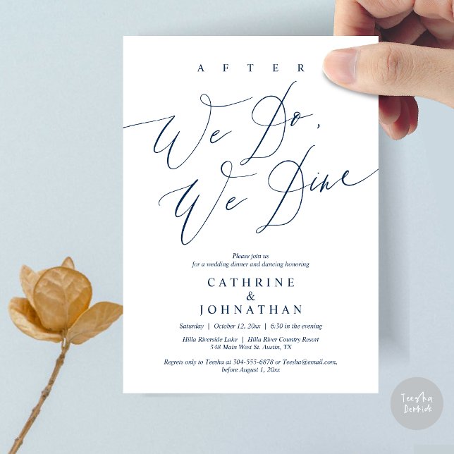 Convites Depois, jantamos, Jantamos de casamento e dançamos (After we do, we dine, Modern Romance Wedding Dinner and Dancing Invitation Card, PDF, in Navy Blue)