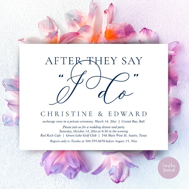 Convites Depois Que Dizem Que Faço, Janto De Elopemento De  (After They Say I Do, Wedding Elopement Dinner Invitation Card, PDF, Romantic, in Navy Blue)