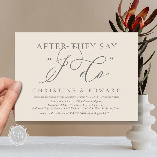 Convites Depois Que Dizem Que Faço, Janto De Elopemento De  (After They Say I Do, Wedding Elopement Dinner Invitation Card, PDF, Romantic, in Dark Grey Cream)
