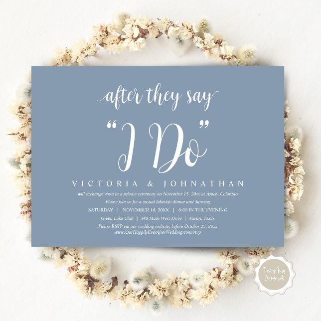 Convites Depois Que Dizem Que Faço, Janto De Elopemento De  (After They Say I DO, Wedding Elopement Dinner Invitation Card, PDF, Modern Rustic, in Dusty Blue)