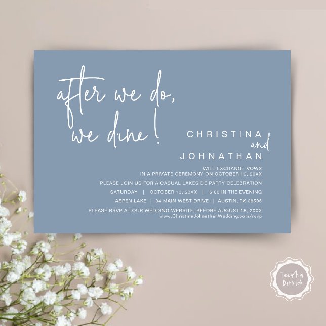 Convites Depois Que O Fazemos, Jantamos, Janto De Elopement (After We Do, We Dine, Wedding Elopement Dinner Invitation Card, PDF, Handwriting, Dusty Blue)
