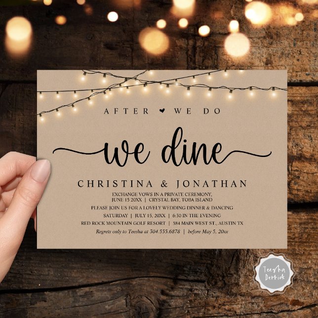 Convites Depois Que O Fazermos, Jorramos, Janto Russo De Ca (After We Do, We Dine, Rustic Wedding Dinner Party Invitation Card, PDF, String Lights Brown Kraft)