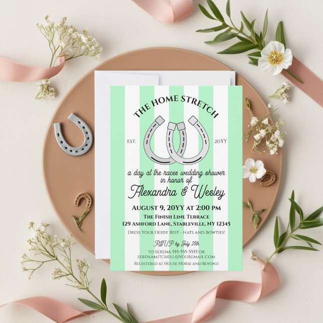 Convites Derby Chá de casamento Mint Cabana Stripes Horsfer (Horse racing derby themed couples wedding shower with mint green stripes and horseshoes)