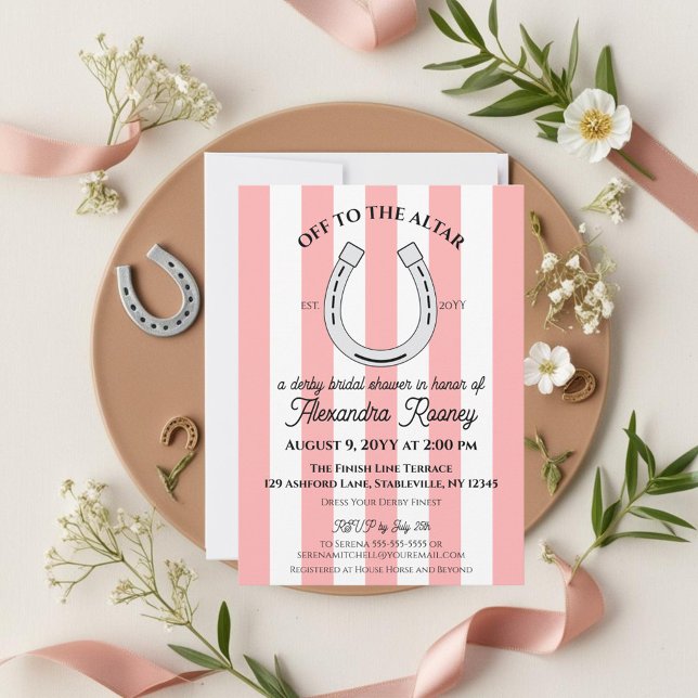 Convites Derby Chá de panela Rosa Cabana Stripes Ferradura (Pink cabana stripes and a horseshoe for a chic derby themed bridal shower)
