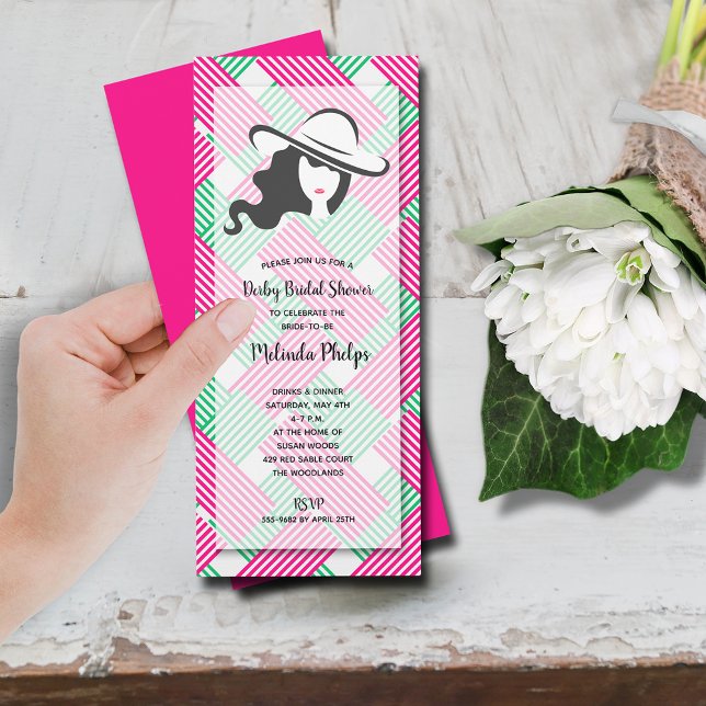 Convites Derby Chá de panela Rosa Quente (Derby hat bridal shower hot pink and green diagonal stripes invitations)
