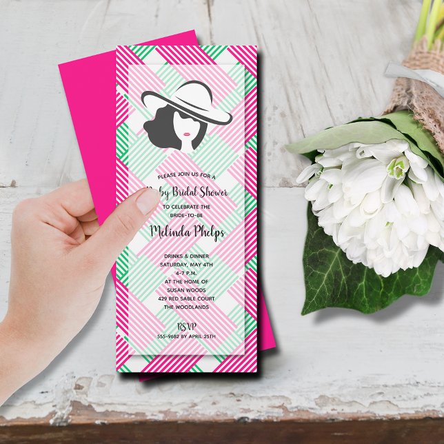 Convites Derby Chá de panela Rosa Quente (Derby-themed bridal shower hot pink and green stripes invitations, INSTANT DOWNLOAD and/or PRINTED)