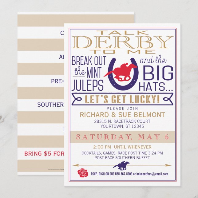 Convites Derby Horse Racing Party Blue/Red/Dourado (Frente/Verso)