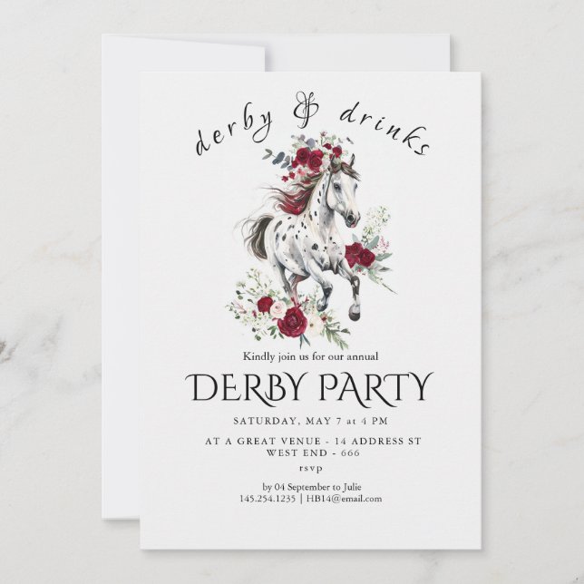 Convites Derby Party Invitation – Floral Horse Head with Ro (Frente)