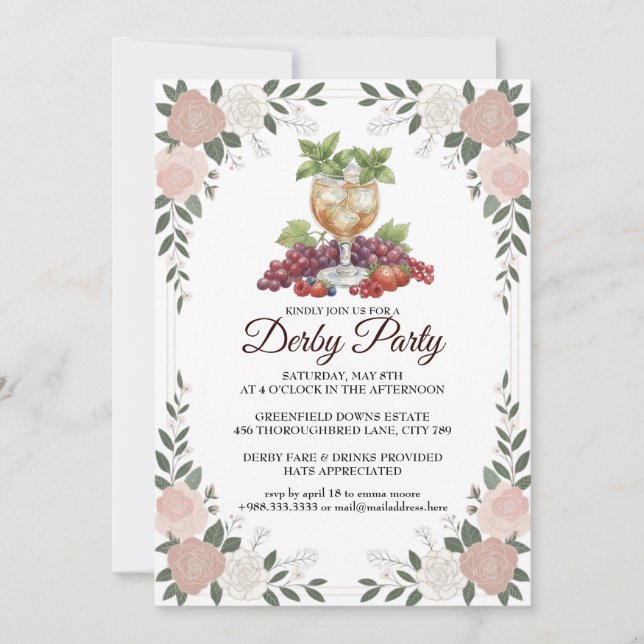 Convites Derby Party Invitation Floral Mint Julep Design (Frente)
