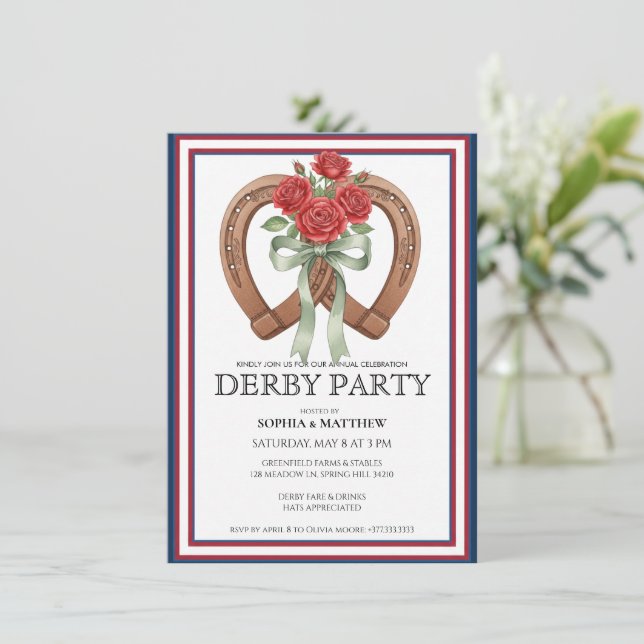 Convites Derby Party Invitation Horseshoe Floral Wall Art (Em pé/Frente)