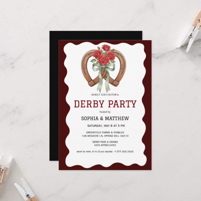 Convites Derby Party Invitation Rustic Horseshoe Roses (Frente/Verso In Situ)