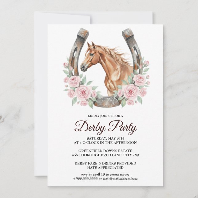 Convites Derby Party Invitation with Horse & Floral Art (Frente)