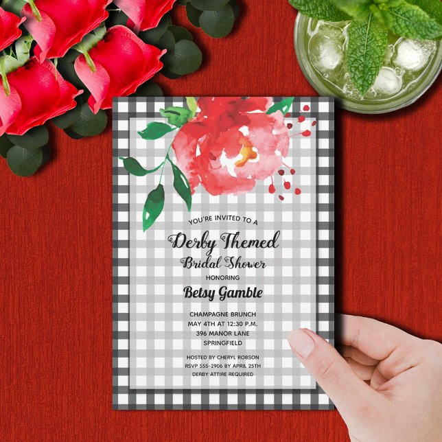 Convites Derby Rosa Gingham Chá de panela (Red rose on black and white gingham Derby-themed bridal shower invitations)