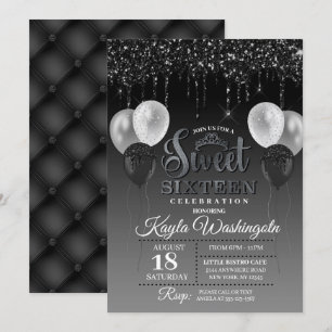 Convites Derramamento de brilho preto Doce Dezesseis Aniver