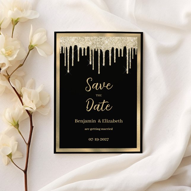 Convites Derramamento de ouro preto legante Salve a data (Elegant black gold glitter drips Save the Date)