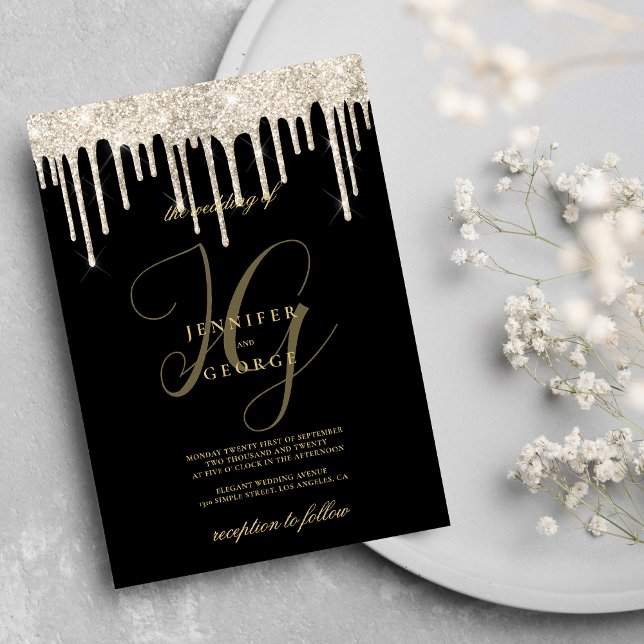 Convites Derramamento de ouro preto pinga iniciais de monog (Black gold glitter drips monogram initials wedding)
