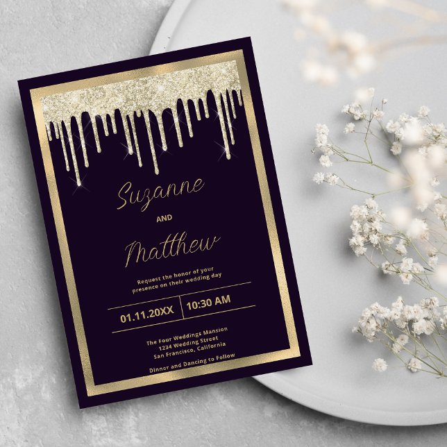 Convites Derramamento do luxo de ouro roxo escuro (Dark purple gold luxury glitter drips Wedding )