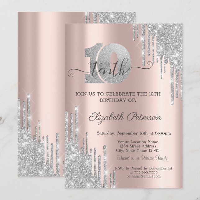 Convites Derramamento moderno de prata 10º Aniversário (Frente/Verso)