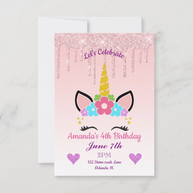 Convites Derramamento rosa de brilho/dia de aniversário de  (Frente)