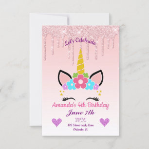 Convites Derramamento rosa de brilho/dia de aniversário de