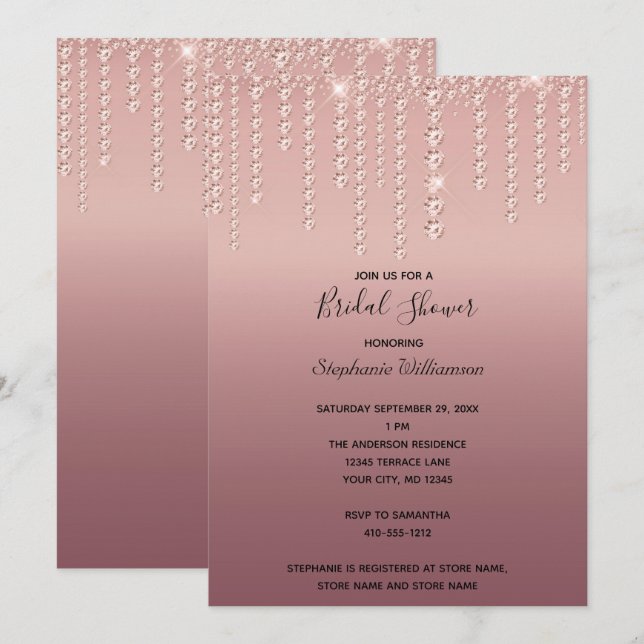 Convites Derramando Diamantes em Rose Gold Chuveiro de Noiv (Frente/Verso)