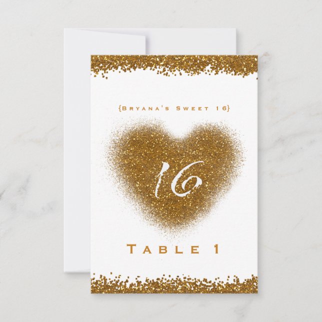 Convites Derramar Glitter Dourado Doce 16 Número de Tabela  (Frente)