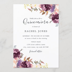 Convites Desabrochar Floral Roxo Aquarela Quinceanera