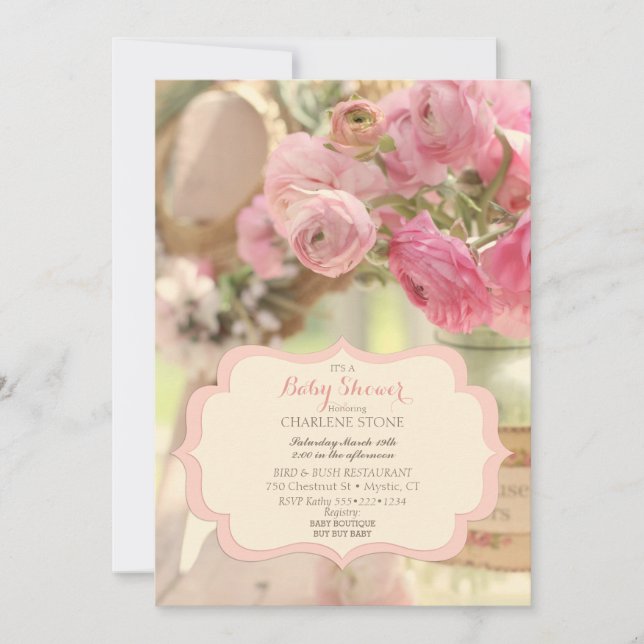 Convites Desbotado Country Chic Flores Rosa Suave (Frente)