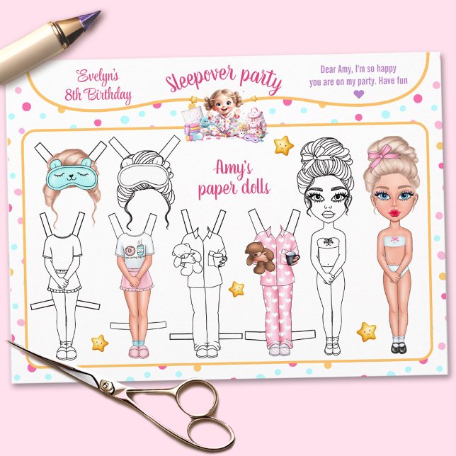 Convites Descanso de papel de boneca de papel de jogo do Sl (Sleepover Slumber Party Game Cutout Paper Doll)