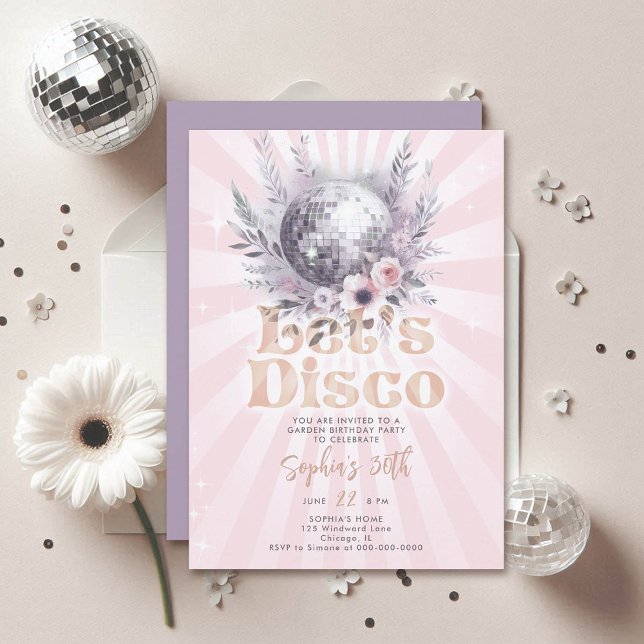 Convites Desco Garden Party 70s - aniversário de 30 anos co (disco garden party 30th birthday invitation groovy 70s ball floral roses pink lavender)