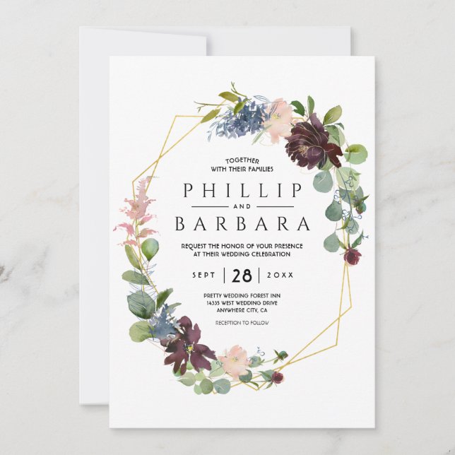 Convites Desejo Flores de Aguarela Azuis Bordo (Frente)