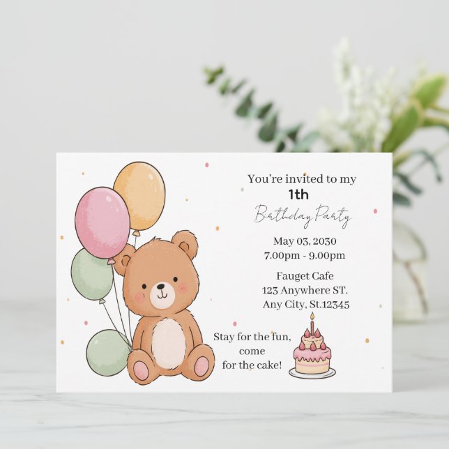 Convites Desejos de Aniversário do Urso Doce (Em pé/Frente)