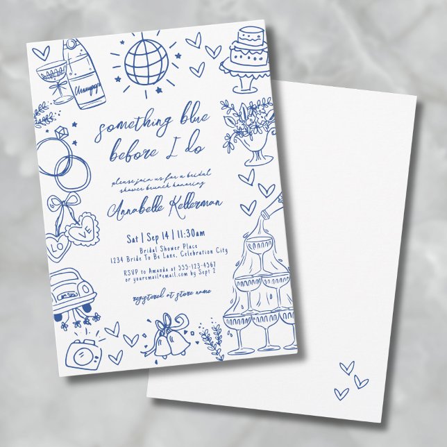 Convites Desenhe Algo Azul Antes do Chá de Noiva (Drawn Something Blue Before I Do Bridal Shower Invitation)