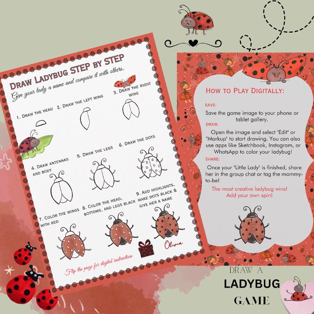 Convites Desenhe um Jogo de Chá de Bebê da Joaninha | Digit (Draw a Ladybug Baby Shower Game  Digital & Print Invitation)