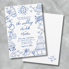 Convites Desenho à Mão Azul Casamento Caprichoso