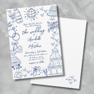 Convites Desenho à Mão Azul Casamento Caprichoso